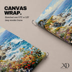 An impasto style painting depicting a vibrant coastal cliff with colorful wildflowers in the foreground and waves crashing against rocky shores under a partly cloudy sky, capturing the dynamic beauty of seaside nature.