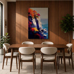A vibrant cliffside autumn seascape featuring colorful fall foliage atop rocky cliffs overlooking a calm blue ocean with gentle waves and flying seagulls, rendered in a vivid, painterly style emphasizing natural beauty and coastal landscape elements.