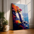 A vibrant cliffside autumn seascape featuring colorful fall foliage atop rocky cliffs overlooking a calm blue ocean with gentle waves and flying seagulls, rendered in a vivid, painterly style emphasizing natural beauty and coastal landscape elements.
