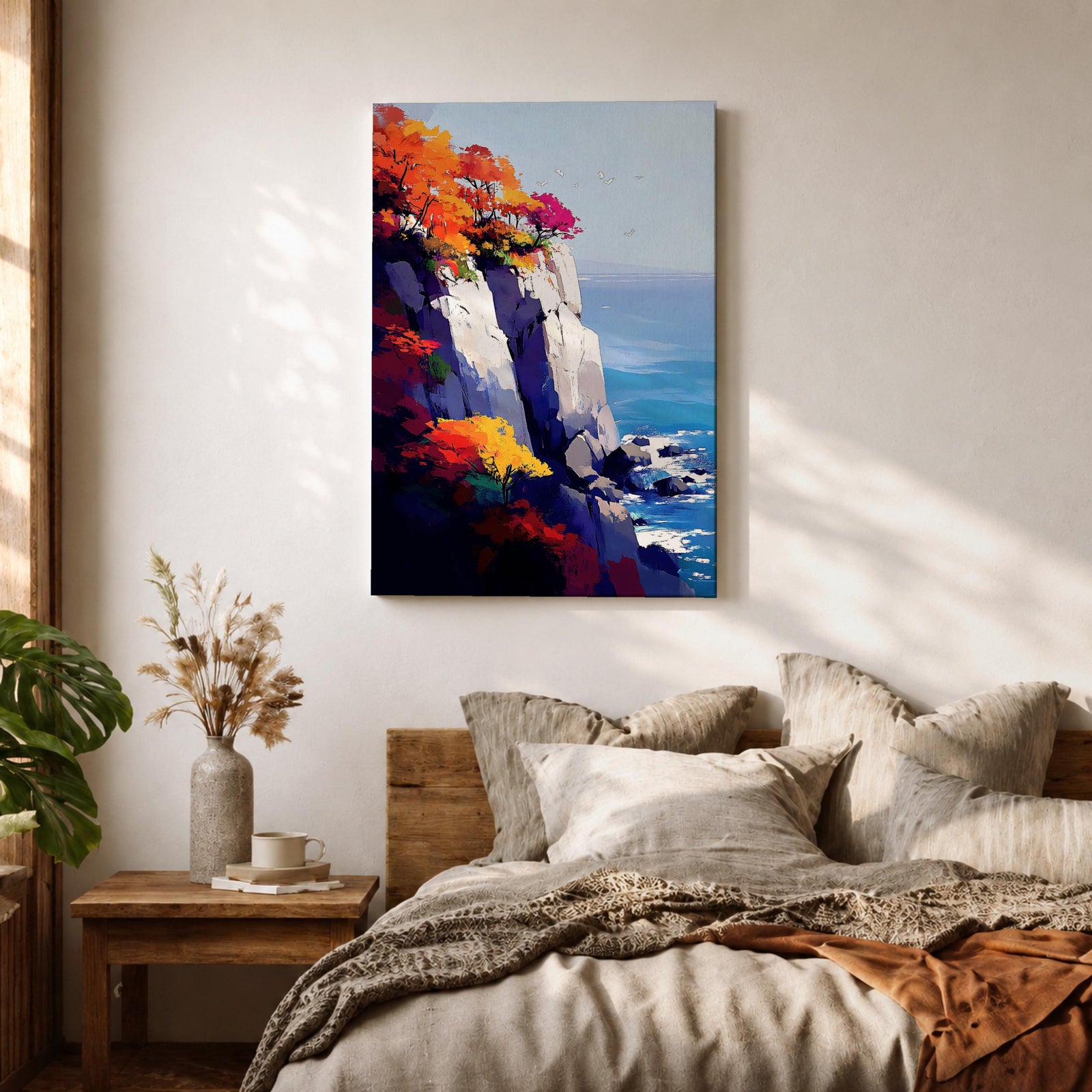 A vibrant cliffside autumn seascape featuring colorful fall foliage atop rocky cliffs overlooking a calm blue ocean with gentle waves and flying seagulls, rendered in a vivid, painterly style emphasizing natural beauty and coastal landscape elements.