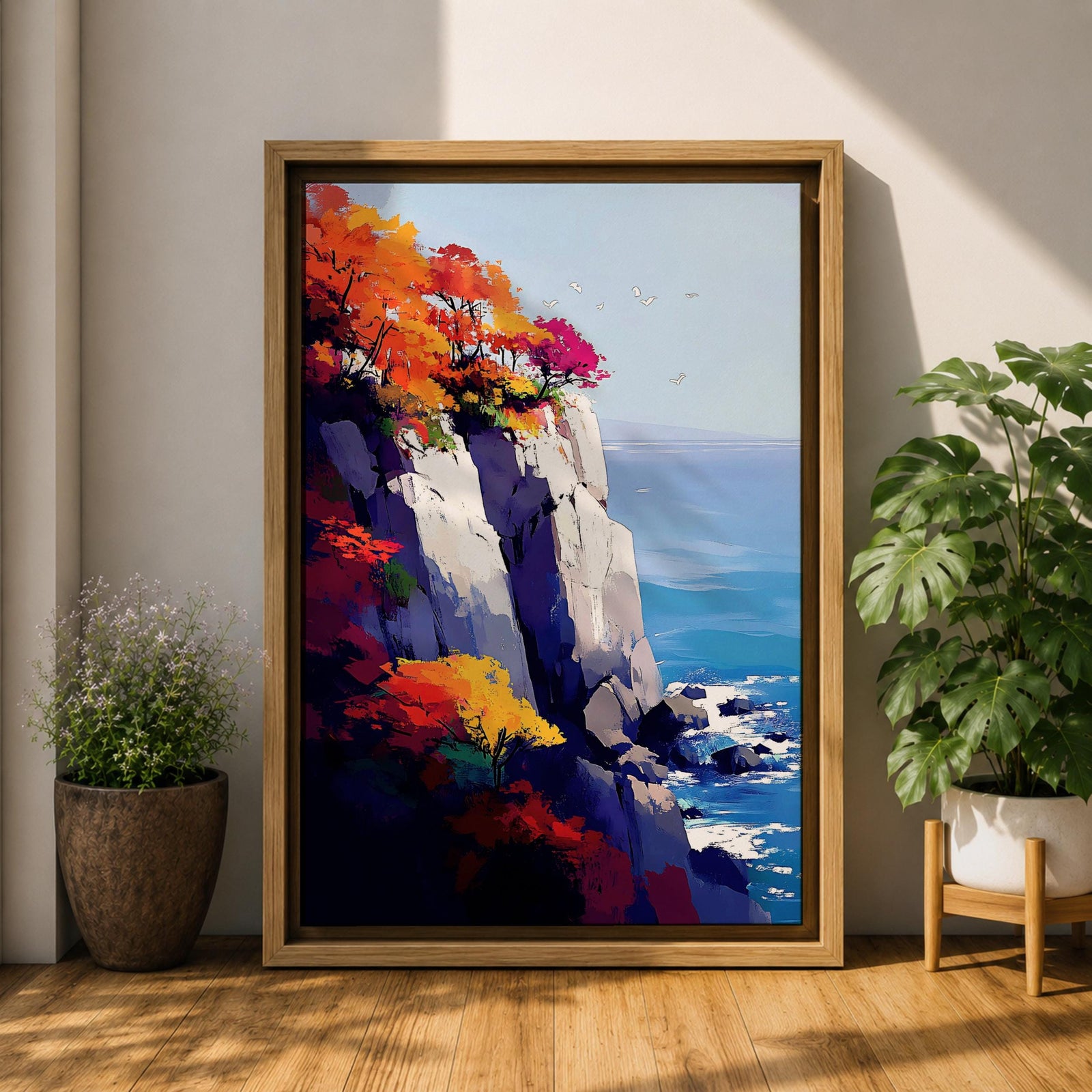 A vibrant cliffside autumn seascape featuring colorful fall foliage atop rocky cliffs overlooking a calm blue ocean with gentle waves and flying seagulls, rendered in a vivid, painterly style emphasizing natural beauty and coastal landscape elements.