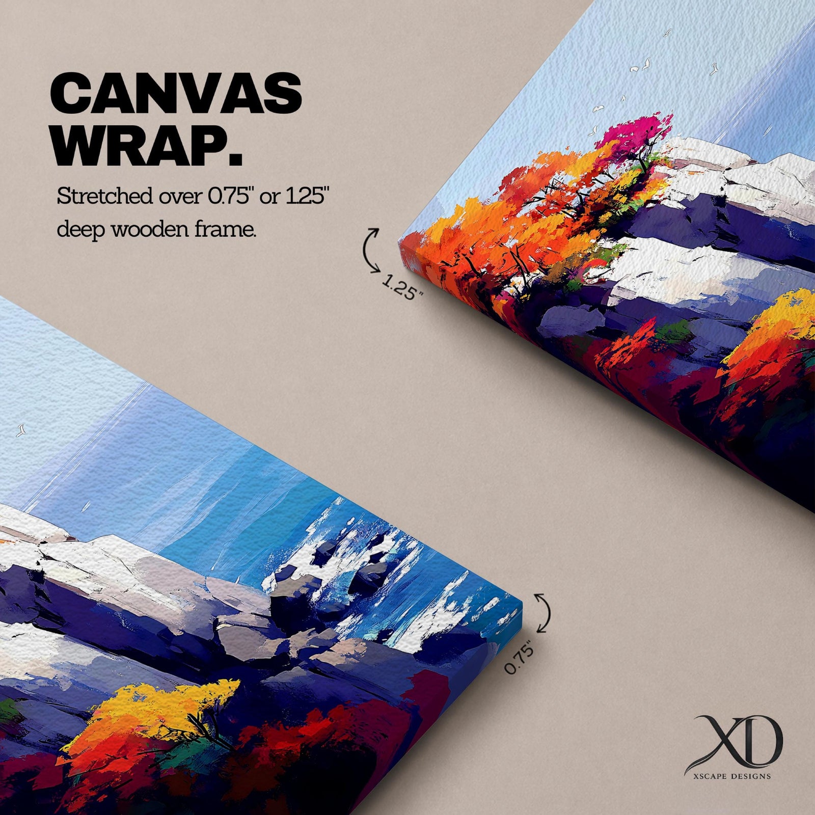 A vibrant cliffside autumn seascape featuring colorful fall foliage atop rocky cliffs overlooking a calm blue ocean with gentle waves and flying seagulls, rendered in a vivid, painterly style emphasizing natural beauty and coastal landscape elements.