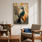 An abstract painting of a bird perched on a branch, featuring bold brushstrokes and vibrant color blocks in an impressionistic style, capturing the essence of a songbird in a modern nature-themed composition.