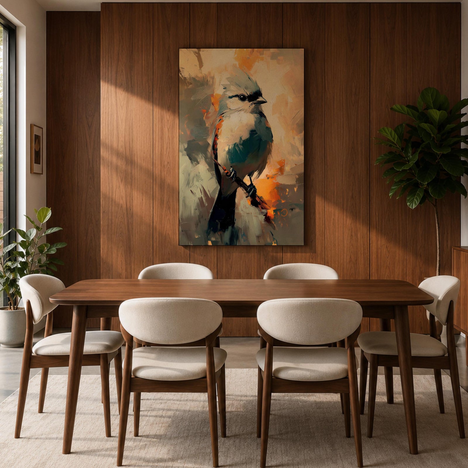 An abstract painting of a bird perched on a branch, featuring bold brushstrokes and vibrant color blocks in an impressionistic style, capturing the essence of a songbird in a modern nature-themed composition.