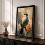 An abstract painting of a bird perched on a branch, featuring bold brushstrokes and vibrant color blocks in an impressionistic style, capturing the essence of a songbird in a modern nature-themed composition.