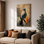 An abstract painting of a bird perched on a branch, featuring bold brushstrokes and vibrant color blocks in an impressionistic style, capturing the essence of a songbird in a modern nature-themed composition.