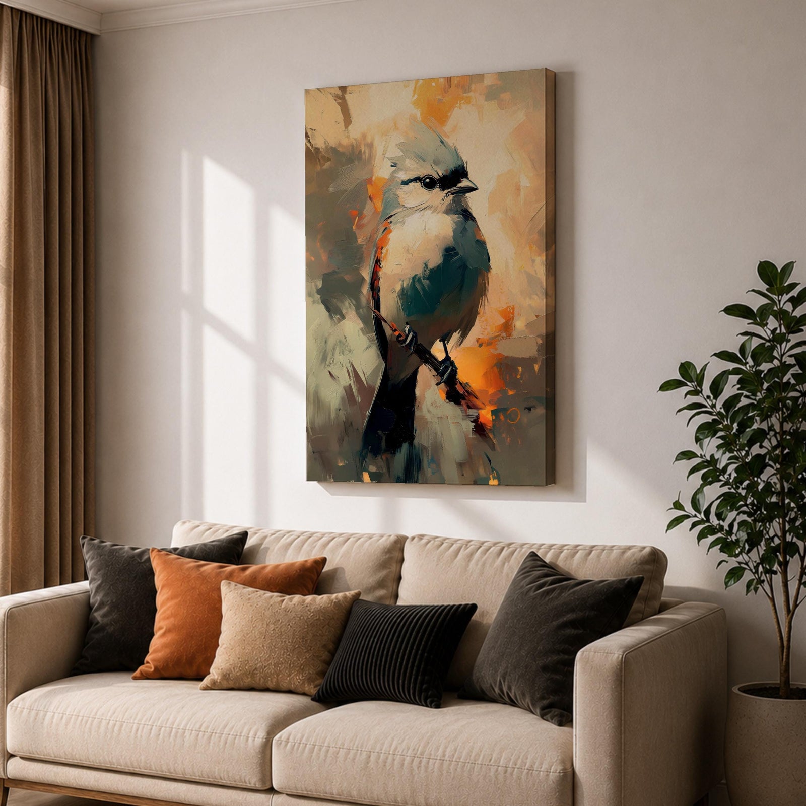 An abstract painting of a bird perched on a branch, featuring bold brushstrokes and vibrant color blocks in an impressionistic style, capturing the essence of a songbird in a modern nature-themed composition.