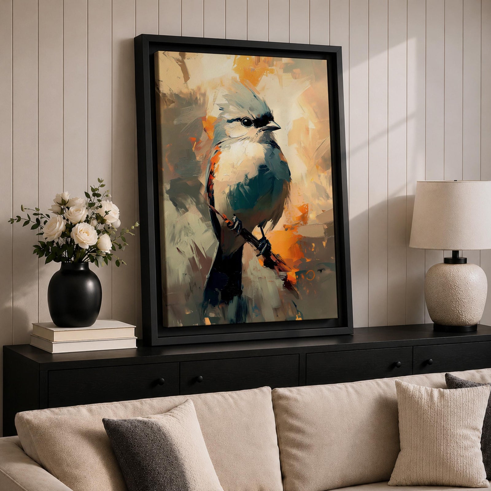 An abstract painting of a bird perched on a branch, featuring bold brushstrokes and vibrant color blocks in an impressionistic style, capturing the essence of a songbird in a modern nature-themed composition.