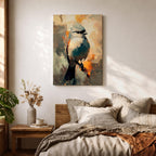 An abstract painting of a bird perched on a branch, featuring bold brushstrokes and vibrant color blocks in an impressionistic style, capturing the essence of a songbird in a modern nature-themed composition.