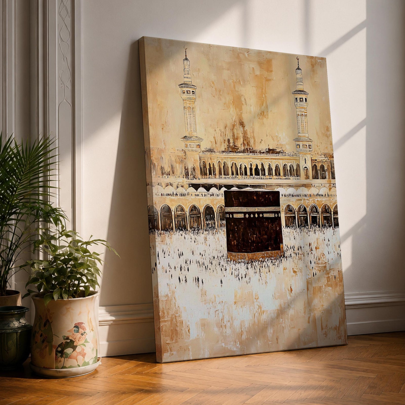 Kaaba wall art featuring Masjid al-Haram in Mecca during Hajj pilgrimage, with pilgrims gathered around the sacred Kaaba. Neutral vintage style Islamic artwork showing mosque minarets and courtyard architecture, framed canvas decor for Muslim homes and spiritual interiors.