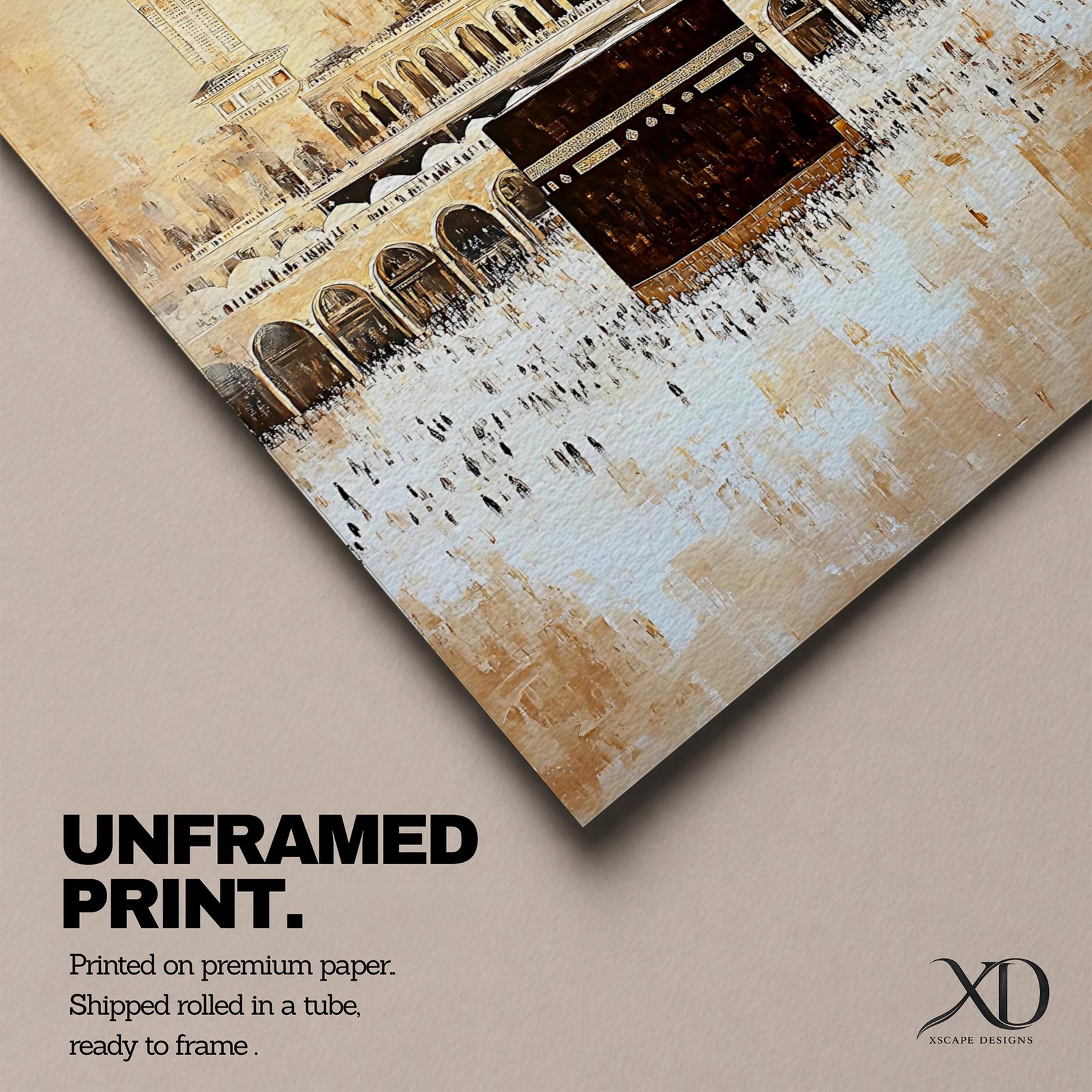 Kaaba wall art featuring Masjid al-Haram in Mecca during Hajj pilgrimage, with pilgrims gathered around the sacred Kaaba. Neutral vintage style Islamic artwork showing mosque minarets and courtyard architecture, framed canvas decor for Muslim homes and spiritual interiors.