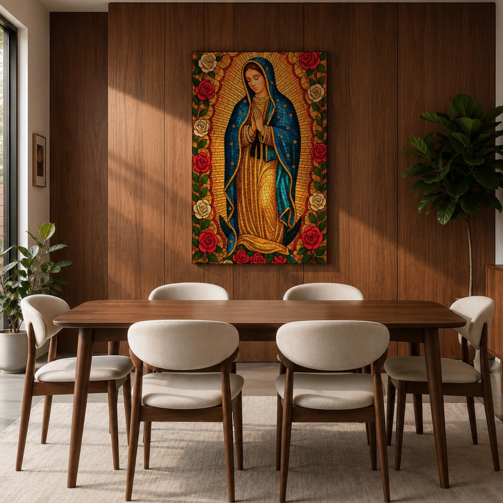 Stained glass style illustration of Our Lady of Guadalupe also known as La Guadalupana standing with hands clasped in prayer, wearing a rose colored gown and a star covered teal mantle, surrounded by radiant golden rays and geometric glass segments, with a small angel beneath her, rendered in luminous jewel tones inspired by traditional Catholic stained glass imagery.