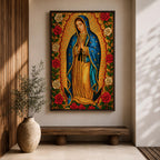 Stained glass style illustration of Our Lady of Guadalupe also known as La Guadalupana standing with hands clasped in prayer, wearing a rose colored gown and a star covered teal mantle, surrounded by radiant golden rays and geometric glass segments, with a small angel beneath her, rendered in luminous jewel tones inspired by traditional Catholic stained glass imagery.