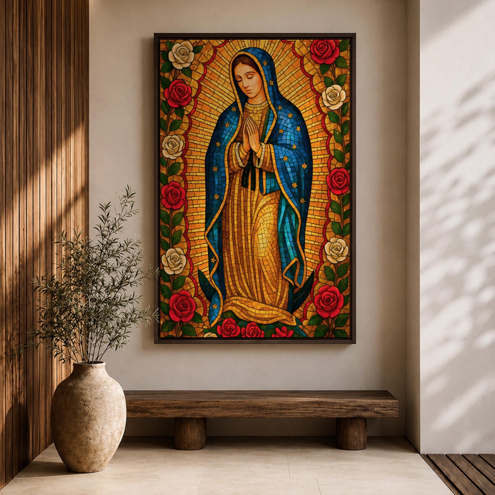 Stained glass style illustration of Our Lady of Guadalupe also known as La Guadalupana standing with hands clasped in prayer, wearing a rose colored gown and a star covered teal mantle, surrounded by radiant golden rays and geometric glass segments, with a small angel beneath her, rendered in luminous jewel tones inspired by traditional Catholic stained glass imagery.