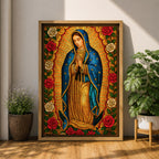 Stained glass style illustration of Our Lady of Guadalupe also known as La Guadalupana standing with hands clasped in prayer, wearing a rose colored gown and a star covered teal mantle, surrounded by radiant golden rays and geometric glass segments, with a small angel beneath her, rendered in luminous jewel tones inspired by traditional Catholic stained glass imagery.