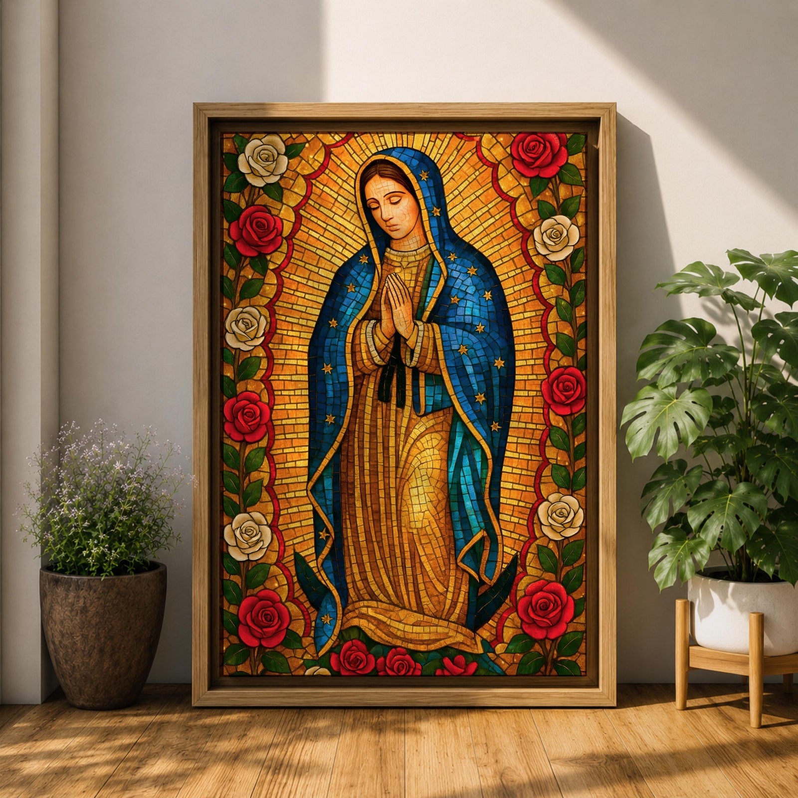 Stained glass style illustration of Our Lady of Guadalupe also known as La Guadalupana standing with hands clasped in prayer, wearing a rose colored gown and a star covered teal mantle, surrounded by radiant golden rays and geometric glass segments, with a small angel beneath her, rendered in luminous jewel tones inspired by traditional Catholic stained glass imagery.