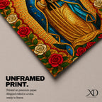 Stained glass style illustration of Our Lady of Guadalupe also known as La Guadalupana standing with hands clasped in prayer, wearing a rose colored gown and a star covered teal mantle, surrounded by radiant golden rays and geometric glass segments, with a small angel beneath her, rendered in luminous jewel tones inspired by traditional Catholic stained glass imagery.