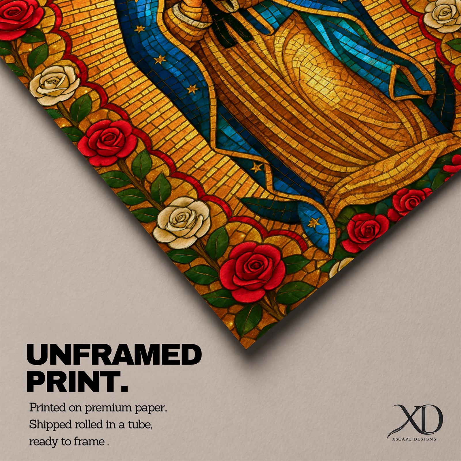 Stained glass style illustration of Our Lady of Guadalupe also known as La Guadalupana standing with hands clasped in prayer, wearing a rose colored gown and a star covered teal mantle, surrounded by radiant golden rays and geometric glass segments, with a small angel beneath her, rendered in luminous jewel tones inspired by traditional Catholic stained glass imagery.