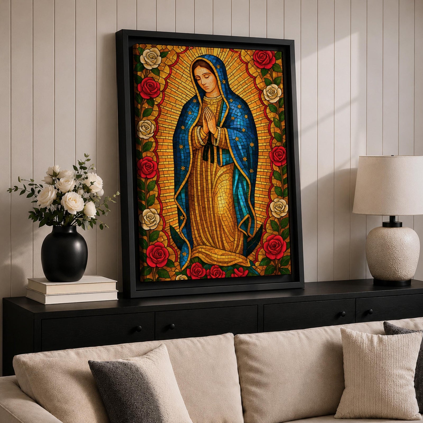 Stained glass style illustration of Our Lady of Guadalupe also known as La Guadalupana standing with hands clasped in prayer, wearing a rose colored gown and a star covered teal mantle, surrounded by radiant golden rays and geometric glass segments, with a small angel beneath her, rendered in luminous jewel tones inspired by traditional Catholic stained glass imagery.