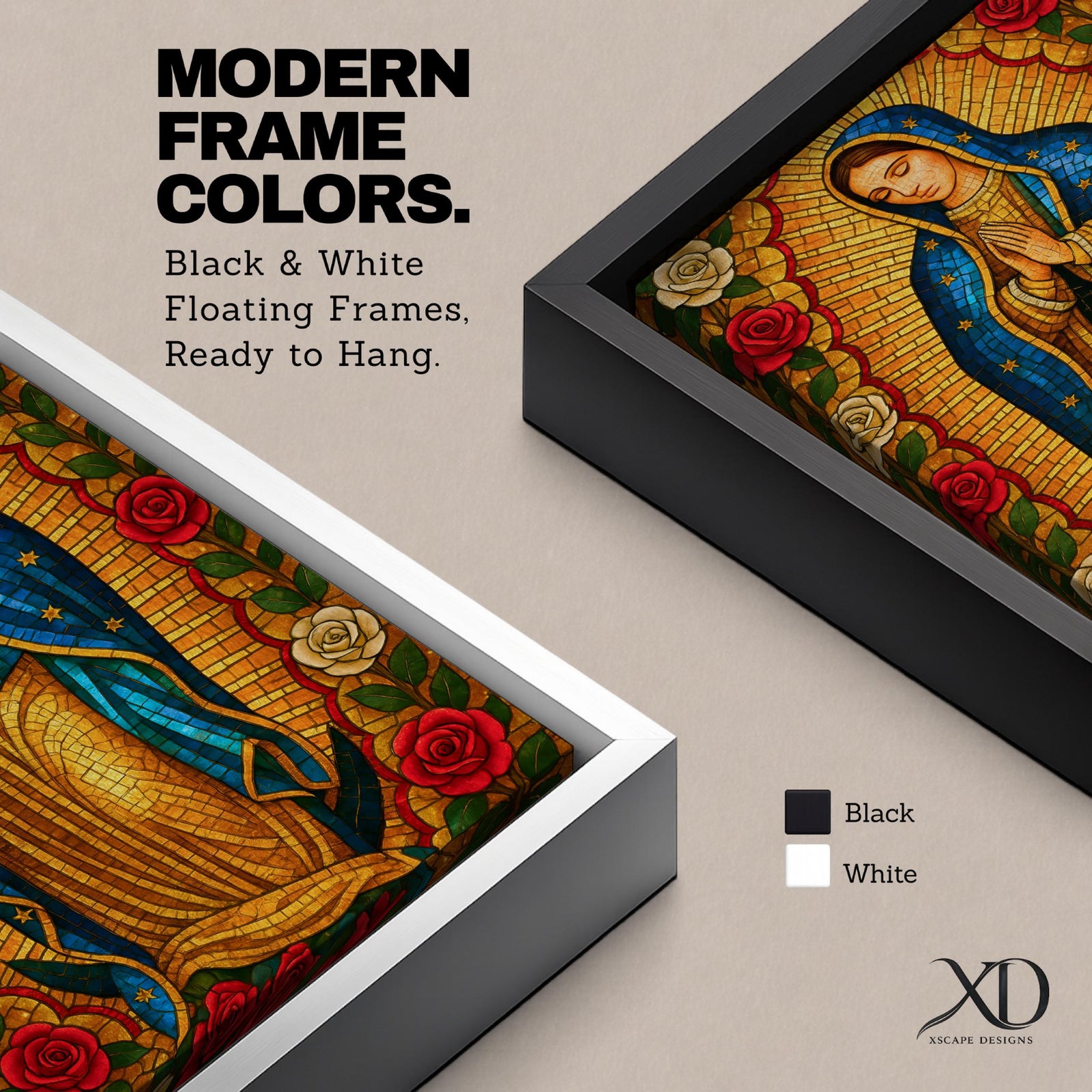 Stained glass style illustration of Our Lady of Guadalupe also known as La Guadalupana standing with hands clasped in prayer, wearing a rose colored gown and a star covered teal mantle, surrounded by radiant golden rays and geometric glass segments, with a small angel beneath her, rendered in luminous jewel tones inspired by traditional Catholic stained glass imagery.