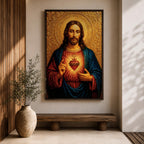 Devotional illustration of Jesus Christ presenting the Sacred Heart glowing at the center of his chest, crowned with thorns and radiating light, shown with a calm expression and one hand raised in blessing while the other points to the heart, rendered with warm tones and soft shading in a traditional Christian devotional composition.