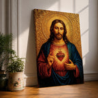 Devotional illustration of Jesus Christ presenting the Sacred Heart glowing at the center of his chest, crowned with thorns and radiating light, shown with a calm expression and one hand raised in blessing while the other points to the heart, rendered with warm tones and soft shading in a traditional Christian devotional composition.
