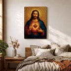 Devotional illustration of Jesus Christ presenting the Sacred Heart glowing at the center of his chest, crowned with thorns and radiating light, shown with a calm expression and one hand raised in blessing while the other points to the heart, rendered with warm tones and soft shading in a traditional Christian devotional composition.