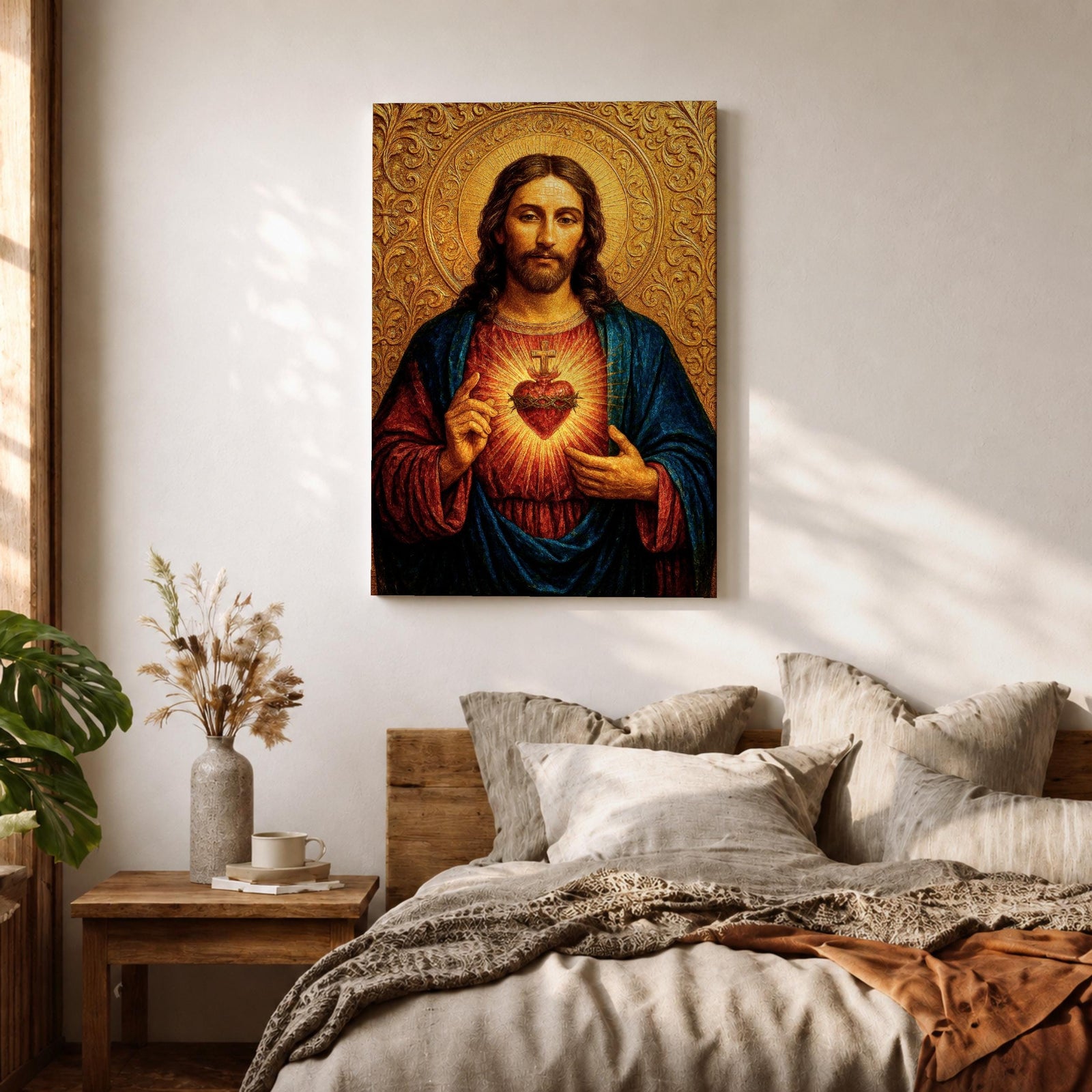 Devotional illustration of Jesus Christ presenting the Sacred Heart glowing at the center of his chest, crowned with thorns and radiating light, shown with a calm expression and one hand raised in blessing while the other points to the heart, rendered with warm tones and soft shading in a traditional Christian devotional composition.