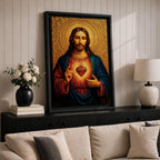 Devotional illustration of Jesus Christ presenting the Sacred Heart glowing at the center of his chest, crowned with thorns and radiating light, shown with a calm expression and one hand raised in blessing while the other points to the heart, rendered with warm tones and soft shading in a traditional Christian devotional composition.