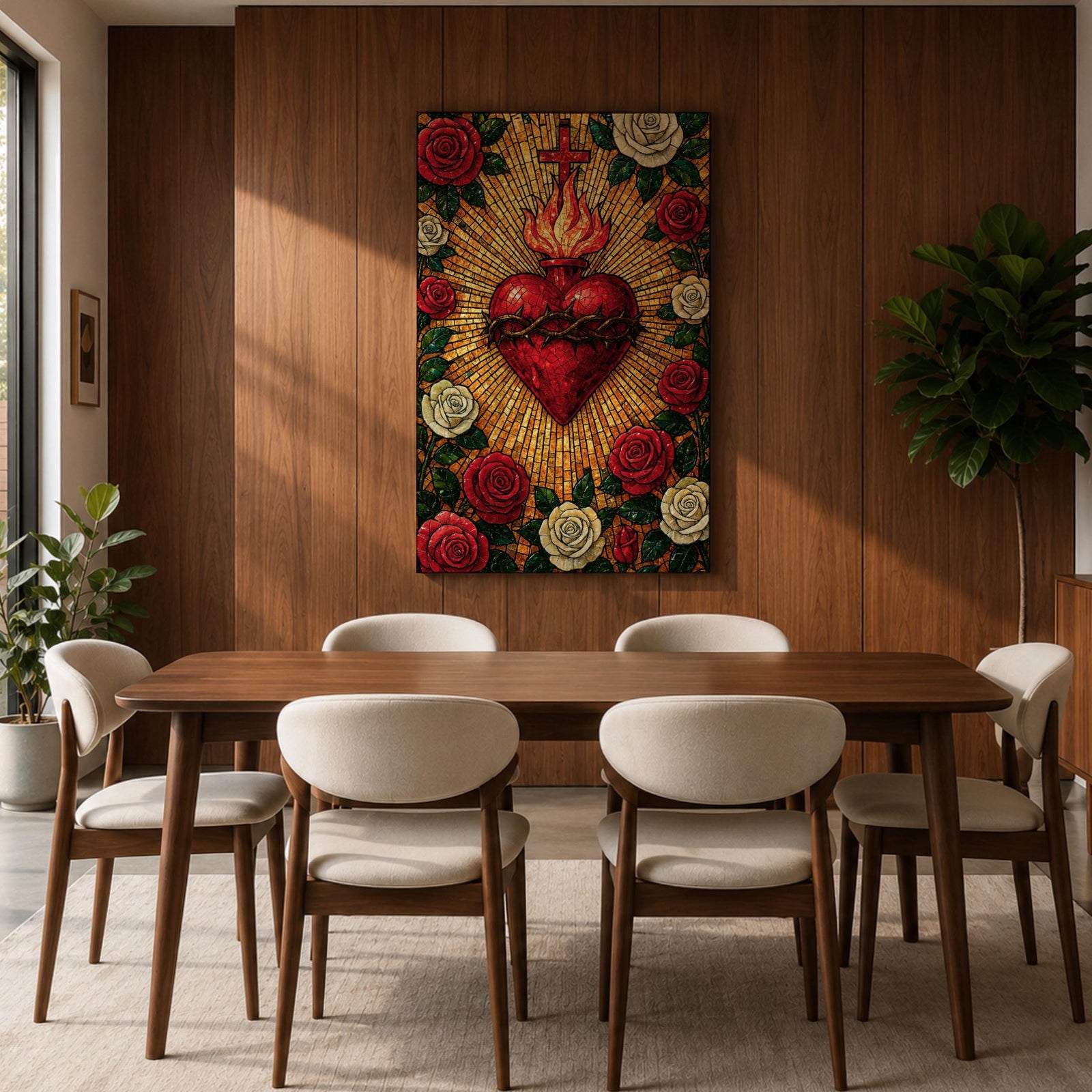 Mosaic style illustration of Jesus Christ displaying the Sacred Heart glowing at the center of his chest, surrounded by floral elements and radiant patterns composed of small colorful tiles, with a gentle expression and one hand raised in blessing, rendered in rich tones with intricate detail inspired by devotional Christian mosaic artwork.