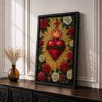 Mosaic style illustration of Jesus Christ displaying the Sacred Heart glowing at the center of his chest, surrounded by floral elements and radiant patterns composed of small colorful tiles, with a gentle expression and one hand raised in blessing, rendered in rich tones with intricate detail inspired by devotional Christian mosaic artwork.