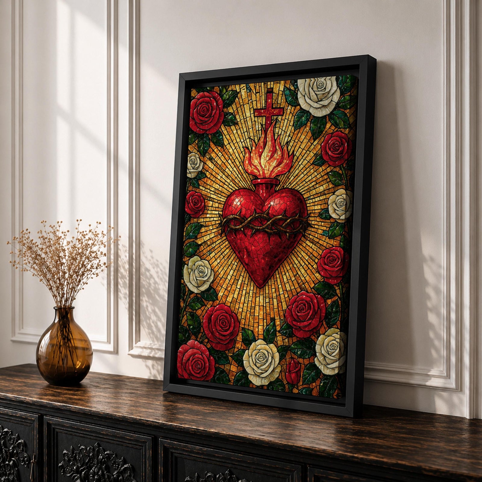 Mosaic style illustration of Jesus Christ displaying the Sacred Heart glowing at the center of his chest, surrounded by floral elements and radiant patterns composed of small colorful tiles, with a gentle expression and one hand raised in blessing, rendered in rich tones with intricate detail inspired by devotional Christian mosaic artwork.
