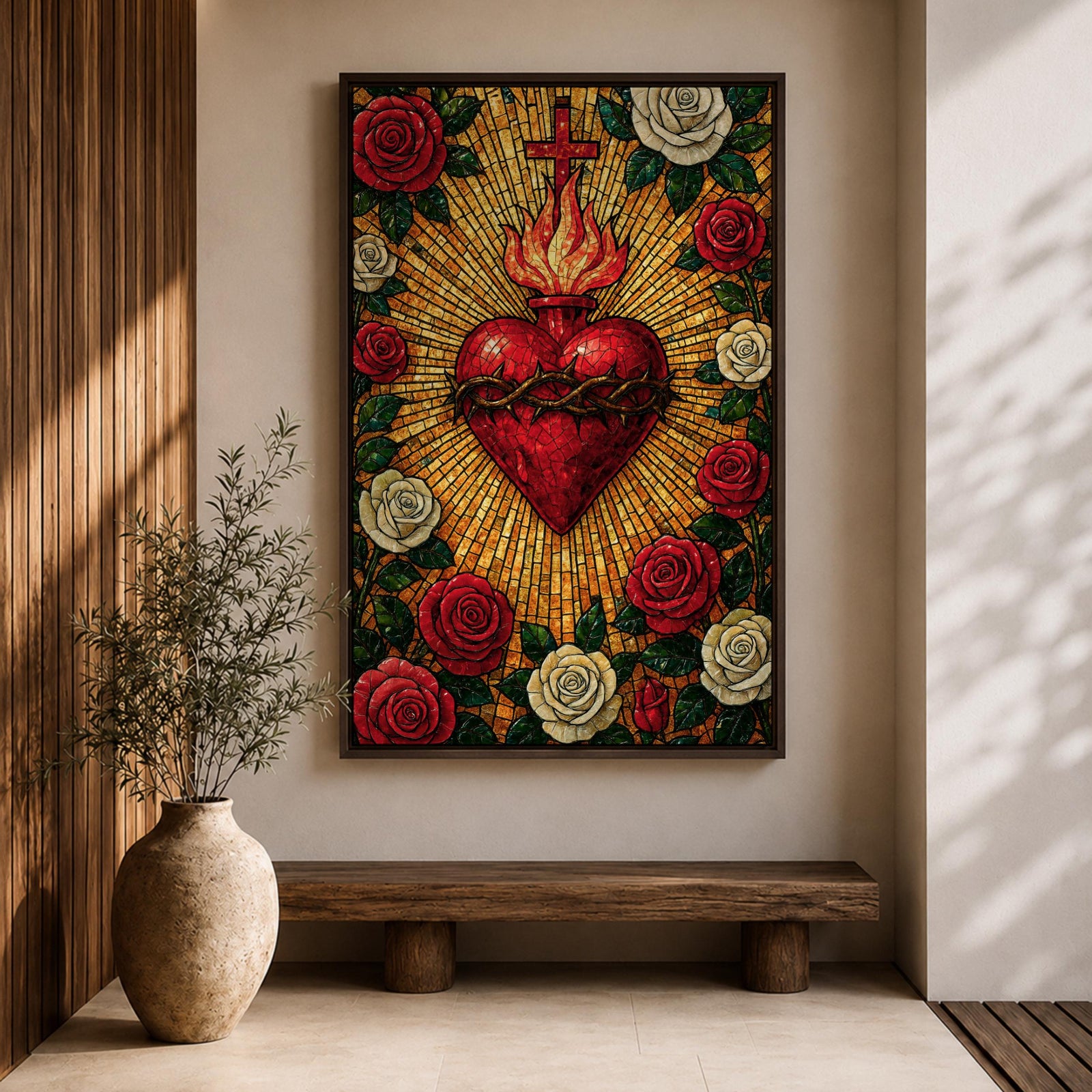 Mosaic style illustration of Jesus Christ displaying the Sacred Heart glowing at the center of his chest, surrounded by floral elements and radiant patterns composed of small colorful tiles, with a gentle expression and one hand raised in blessing, rendered in rich tones with intricate detail inspired by devotional Christian mosaic artwork.