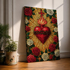 Mosaic style illustration of Jesus Christ displaying the Sacred Heart glowing at the center of his chest, surrounded by floral elements and radiant patterns composed of small colorful tiles, with a gentle expression and one hand raised in blessing, rendered in rich tones with intricate detail inspired by devotional Christian mosaic artwork.