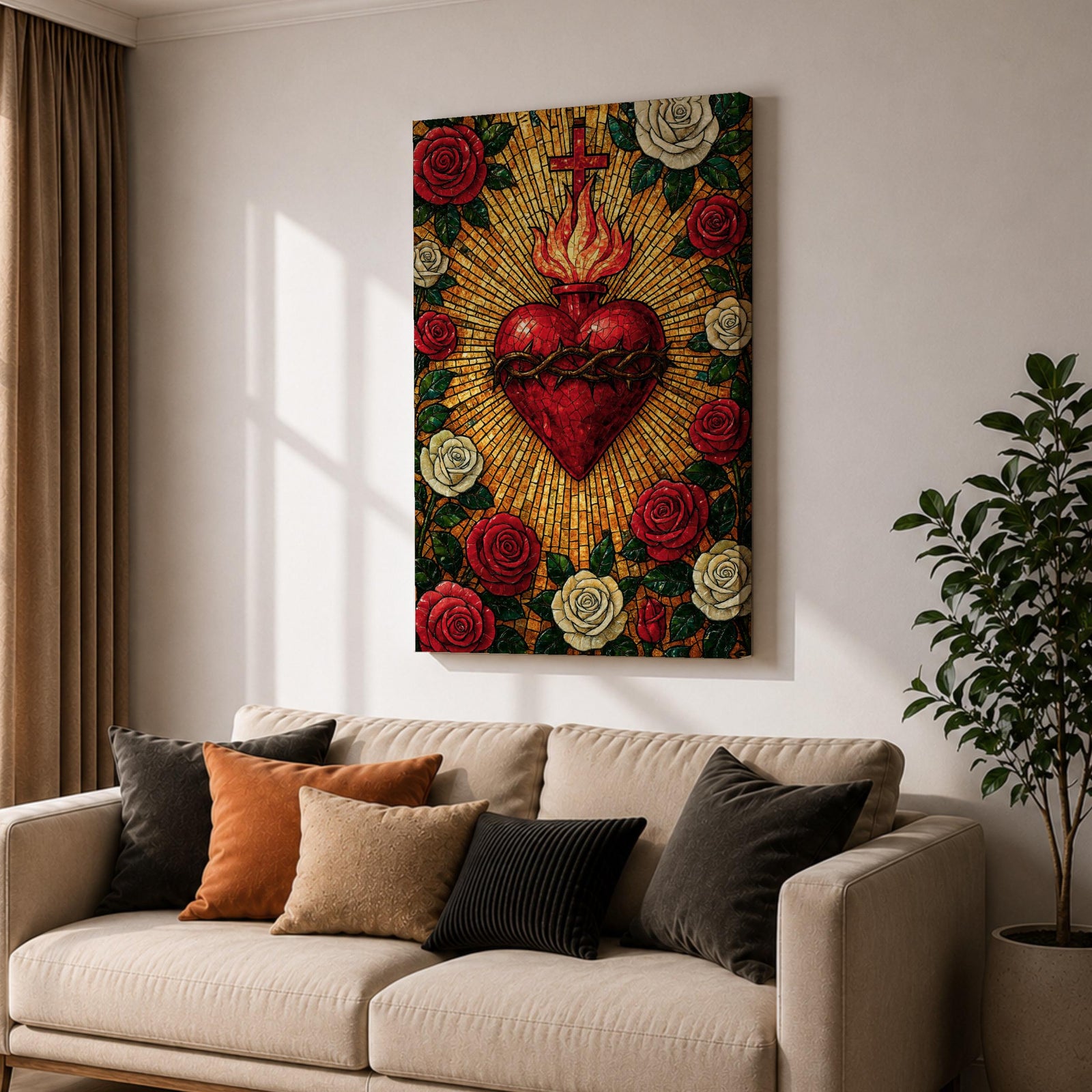 Mosaic style illustration of Jesus Christ displaying the Sacred Heart glowing at the center of his chest, surrounded by floral elements and radiant patterns composed of small colorful tiles, with a gentle expression and one hand raised in blessing, rendered in rich tones with intricate detail inspired by devotional Christian mosaic artwork.