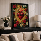 Mosaic style illustration of Jesus Christ displaying the Sacred Heart glowing at the center of his chest, surrounded by floral elements and radiant patterns composed of small colorful tiles, with a gentle expression and one hand raised in blessing, rendered in rich tones with intricate detail inspired by devotional Christian mosaic artwork.