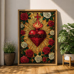 Mosaic style illustration of Jesus Christ displaying the Sacred Heart glowing at the center of his chest, surrounded by floral elements and radiant patterns composed of small colorful tiles, with a gentle expression and one hand raised in blessing, rendered in rich tones with intricate detail inspired by devotional Christian mosaic artwork.