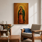 Devotional illustration of the Virgin of Guadalupe also known as the Mexican Virgencita standing with hands clasped in prayer, wearing a rose colored gown and a teal mantle covered with gold stars, surrounded by radiant golden rays with a small angel beneath her, rendered with warm tones and soft shading in a traditional Marian Catholic composition.