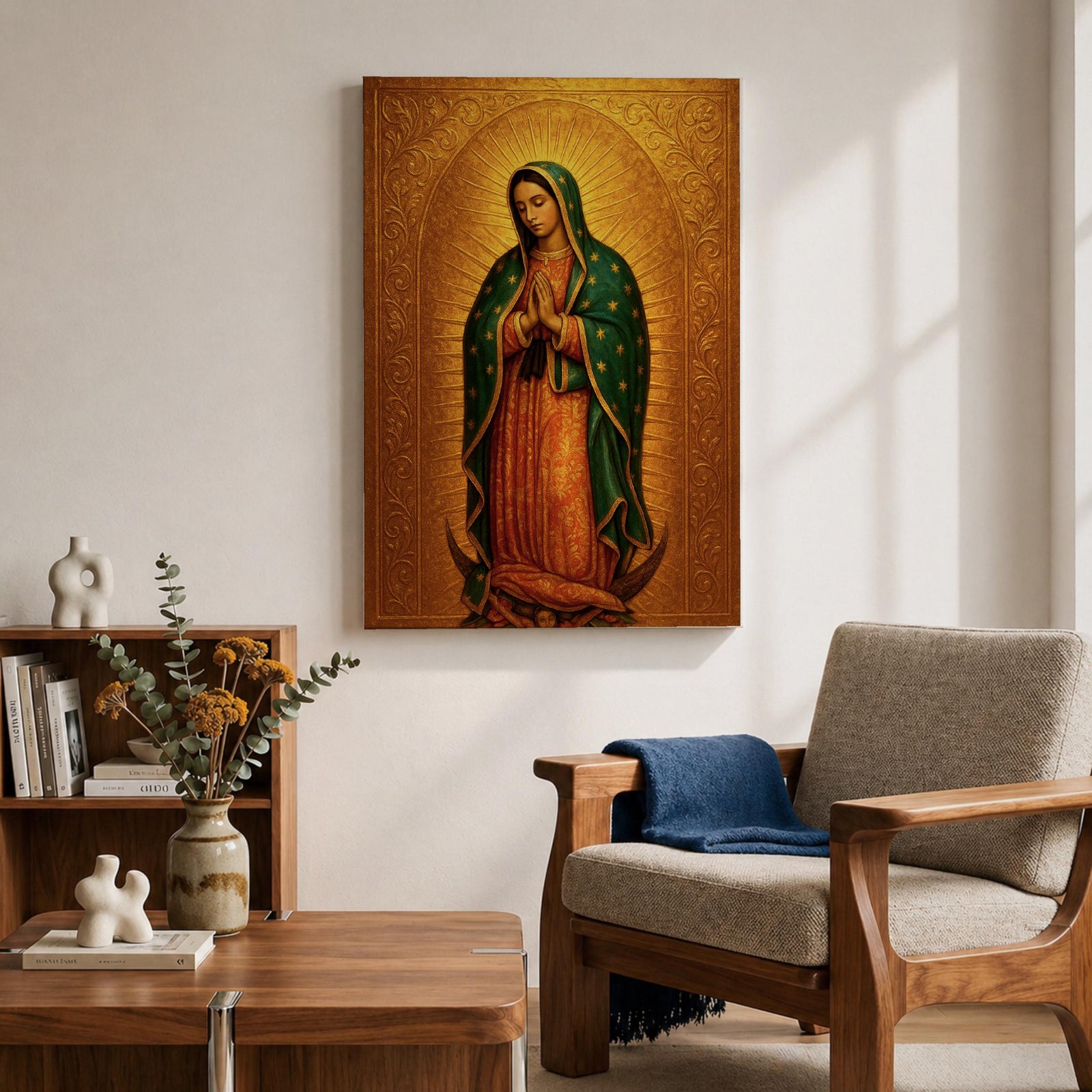 Devotional illustration of the Virgin of Guadalupe also known as the Mexican Virgencita standing with hands clasped in prayer, wearing a rose colored gown and a teal mantle covered with gold stars, surrounded by radiant golden rays with a small angel beneath her, rendered with warm tones and soft shading in a traditional Marian Catholic composition.