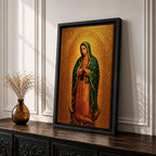 Devotional illustration of the Virgin of Guadalupe also known as the Mexican Virgencita standing with hands clasped in prayer, wearing a rose colored gown and a teal mantle covered with gold stars, surrounded by radiant golden rays with a small angel beneath her, rendered with warm tones and soft shading in a traditional Marian Catholic composition.