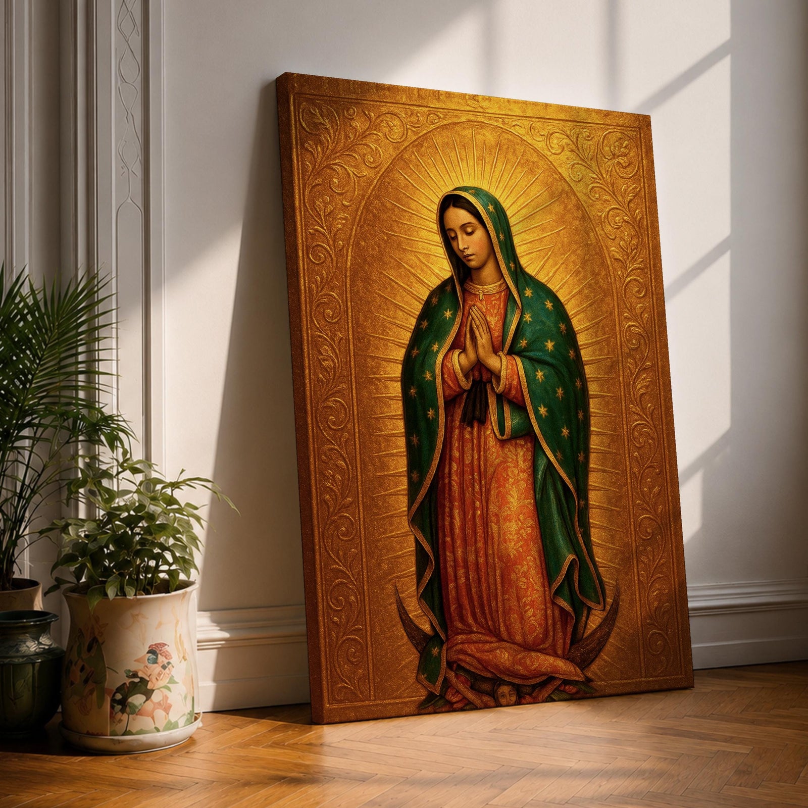 Devotional illustration of the Virgin of Guadalupe also known as the Mexican Virgencita standing with hands clasped in prayer, wearing a rose colored gown and a teal mantle covered with gold stars, surrounded by radiant golden rays with a small angel beneath her, rendered with warm tones and soft shading in a traditional Marian Catholic composition.
