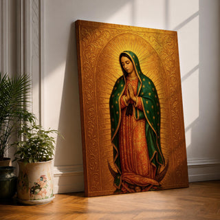 Devotional illustration of the Virgin of Guadalupe also known as the Mexican Virgencita standing with hands clasped in prayer, wearing a rose colored gown and a teal mantle covered with gold stars, surrounded by radiant golden rays with a small angel beneath her, rendered with warm tones and soft shading in a traditional Marian Catholic composition.