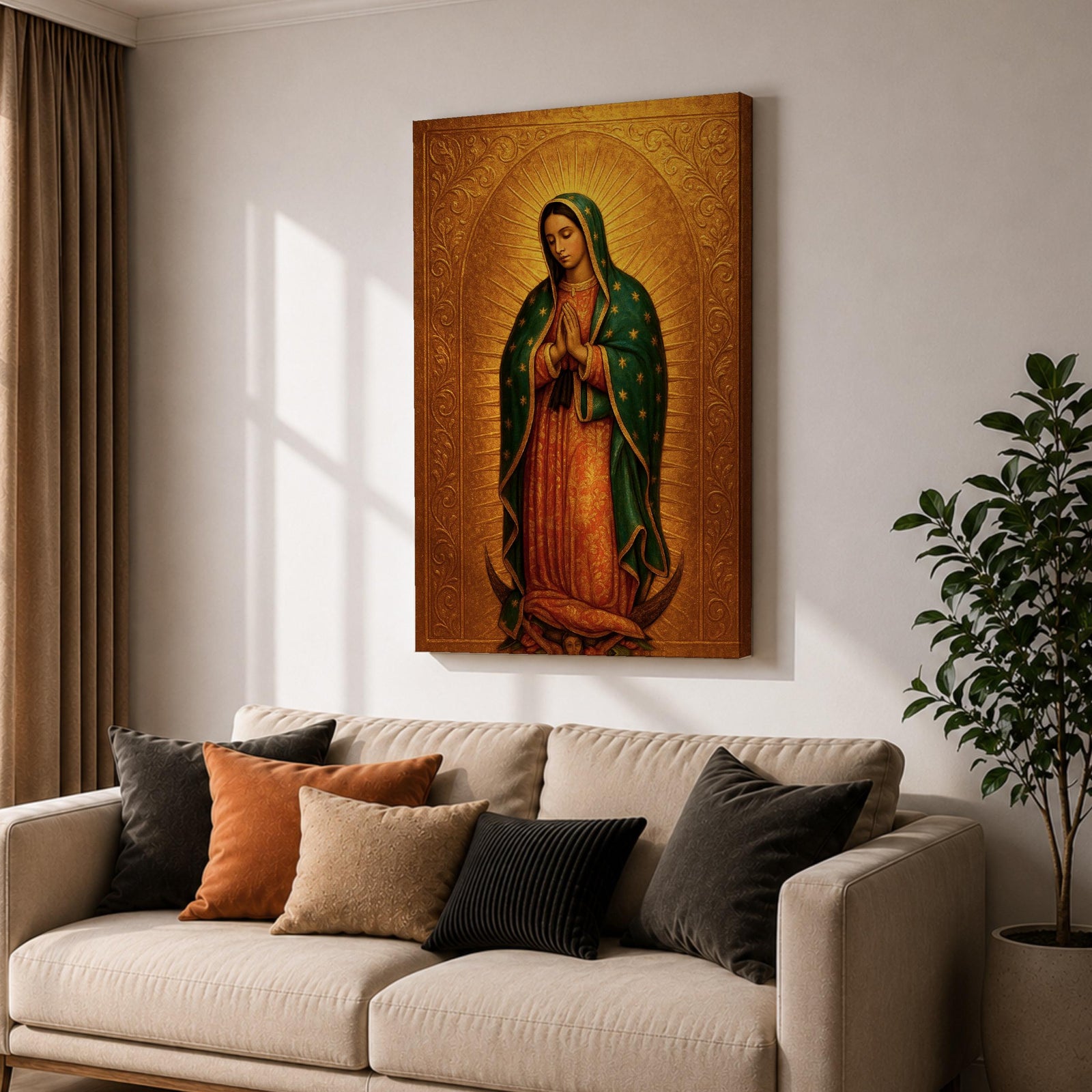 Devotional illustration of the Virgin of Guadalupe also known as the Mexican Virgencita standing with hands clasped in prayer, wearing a rose colored gown and a teal mantle covered with gold stars, surrounded by radiant golden rays with a small angel beneath her, rendered with warm tones and soft shading in a traditional Marian Catholic composition.