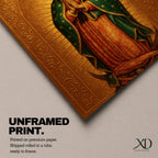 Devotional illustration of the Virgin of Guadalupe also known as the Mexican Virgencita standing with hands clasped in prayer, wearing a rose colored gown and a teal mantle covered with gold stars, surrounded by radiant golden rays with a small angel beneath her, rendered with warm tones and soft shading in a traditional Marian Catholic composition.
