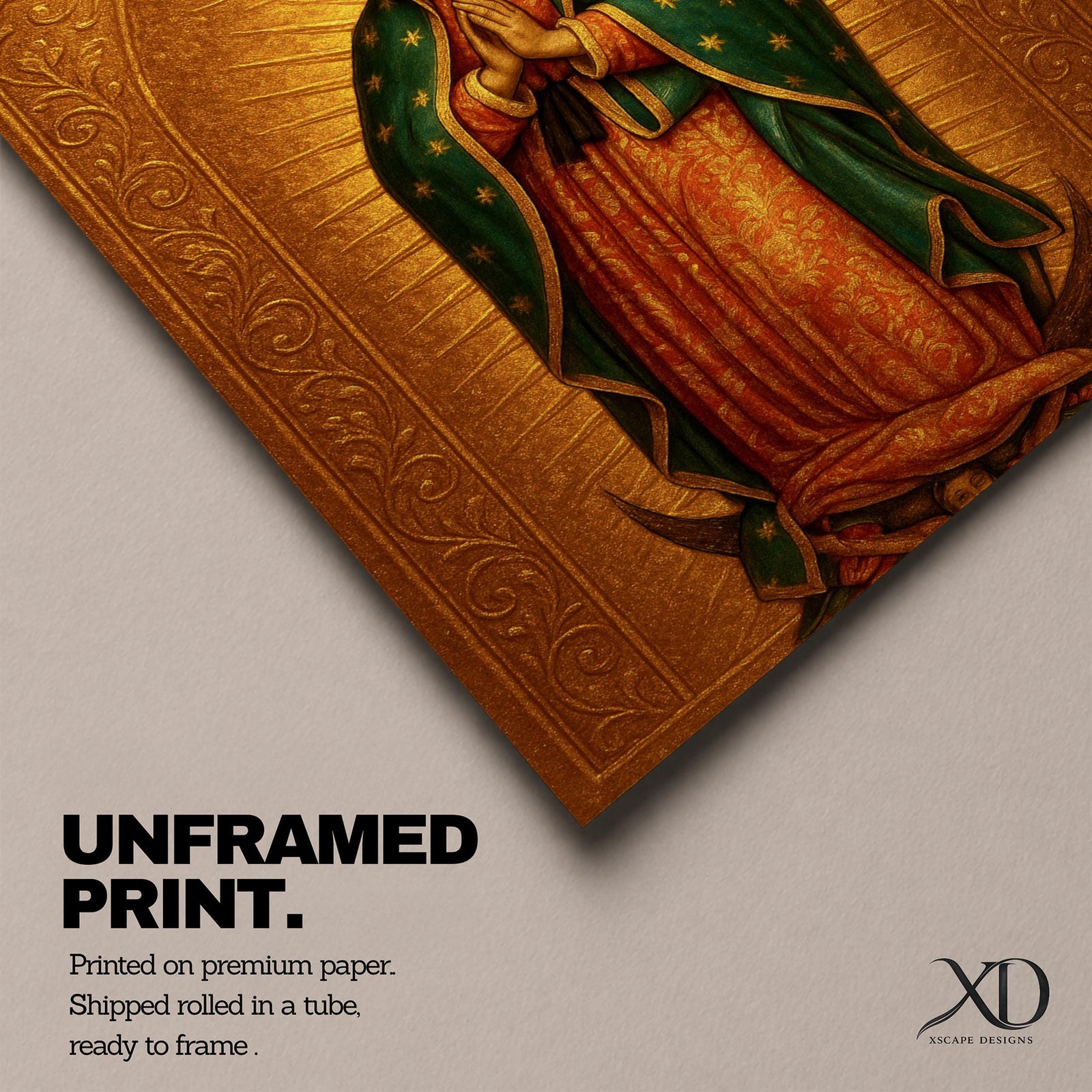 Devotional illustration of the Virgin of Guadalupe also known as the Mexican Virgencita standing with hands clasped in prayer, wearing a rose colored gown and a teal mantle covered with gold stars, surrounded by radiant golden rays with a small angel beneath her, rendered with warm tones and soft shading in a traditional Marian Catholic composition.