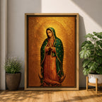 Devotional illustration of the Virgin of Guadalupe also known as the Mexican Virgencita standing with hands clasped in prayer, wearing a rose colored gown and a teal mantle covered with gold stars, surrounded by radiant golden rays with a small angel beneath her, rendered with warm tones and soft shading in a traditional Marian Catholic composition.
