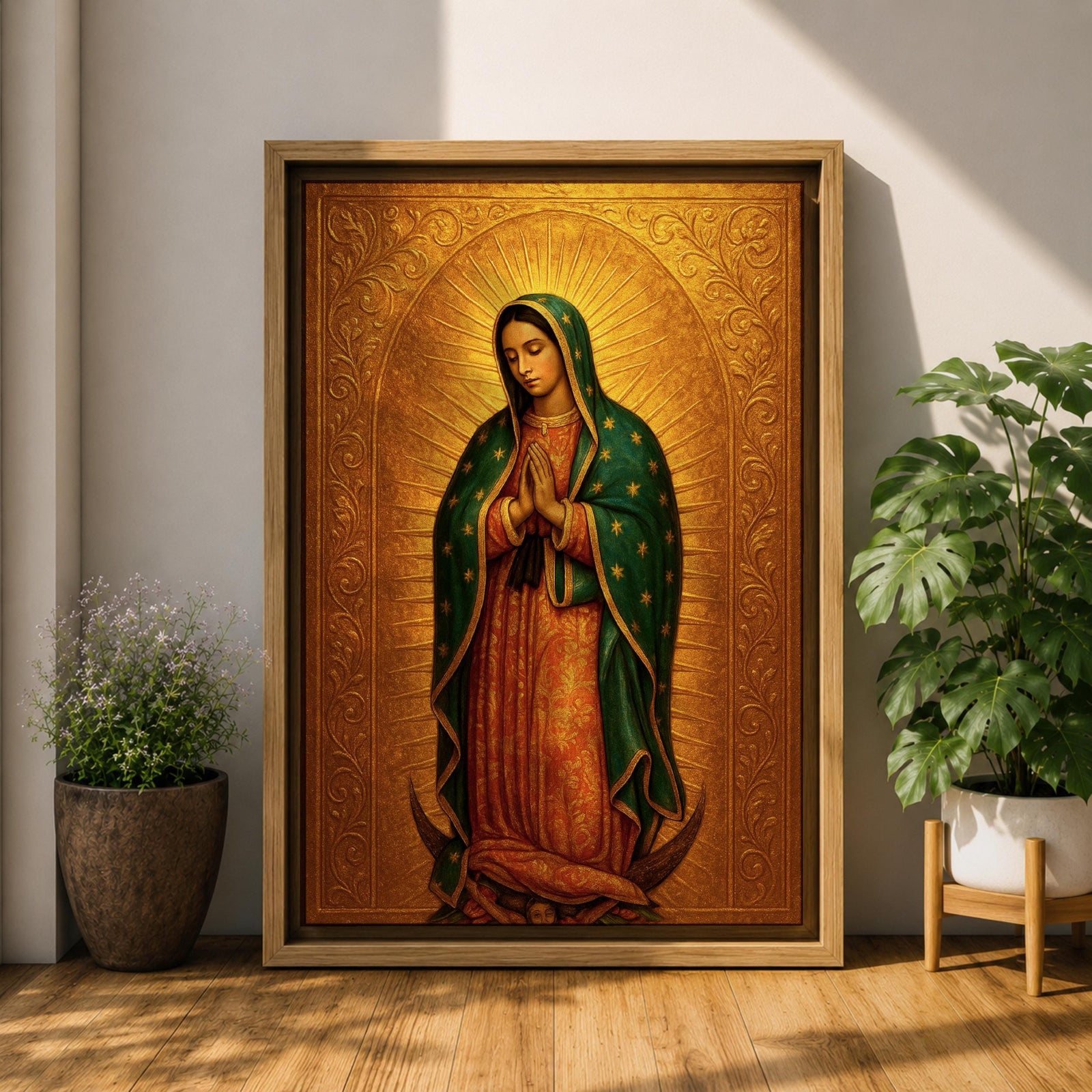 Devotional illustration of the Virgin of Guadalupe also known as the Mexican Virgencita standing with hands clasped in prayer, wearing a rose colored gown and a teal mantle covered with gold stars, surrounded by radiant golden rays with a small angel beneath her, rendered with warm tones and soft shading in a traditional Marian Catholic composition.