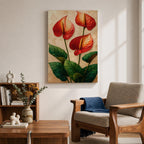 A detailed painting of three Anthurium flowers with vibrant red and orange spathes and prominent yellow spadices, surrounded by large green leaves. The artwork features a textured background with a naturalistic style emphasizing botanical detail and lush foliage.