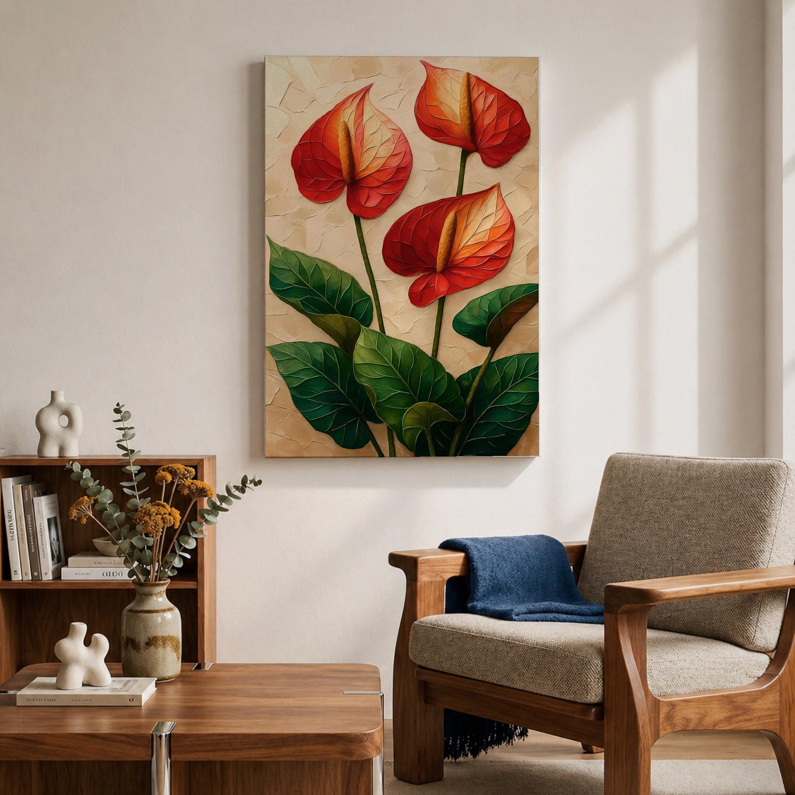 A detailed painting of three Anthurium flowers with vibrant red and orange spathes and prominent yellow spadices, surrounded by large green leaves. The artwork features a textured background with a naturalistic style emphasizing botanical detail and lush foliage.