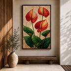 A detailed painting of three Anthurium flowers with vibrant red and orange spathes and prominent yellow spadices, surrounded by large green leaves. The artwork features a textured background with a naturalistic style emphasizing botanical detail and lush foliage.